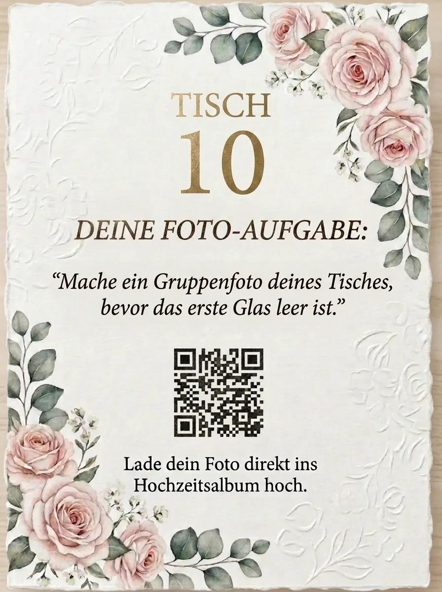 Tischkarte mit Tischnummer, Fotoaufgabe und QR-Code